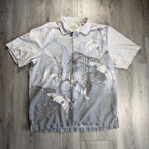 Tommy Bahama Shirt Mens Large Gray Silk Palm Leaf Hawaiian Button Up Tropical